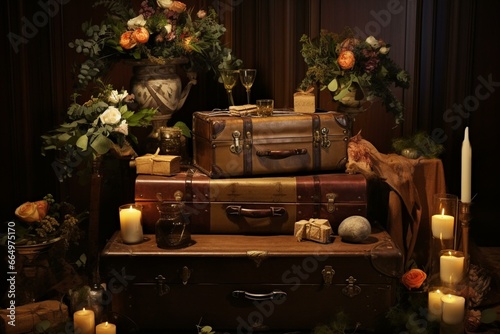 A decorated table with a trunk, flowers, candles, vases, and a box. Generative AI