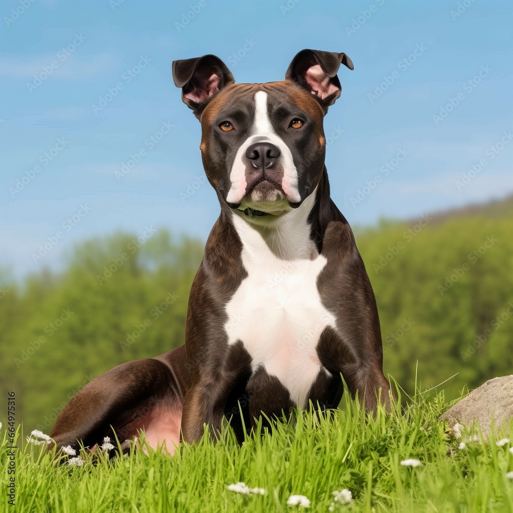 American Staffordshire Terrier sitting on the green meadow in a summer green field. Staffordshire Terrier dog sitting on the grass with summer landscape in the background. AI generated illustration.