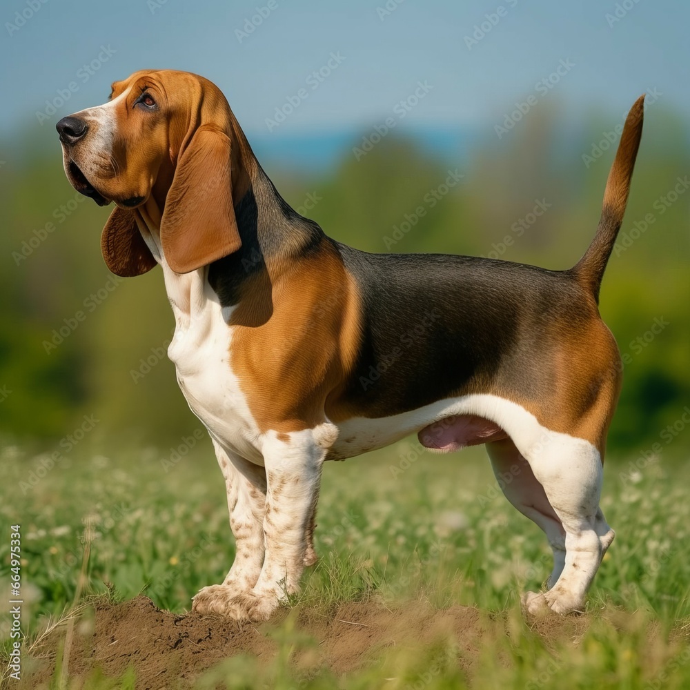 Basset Hound dog standing on the green meadow in a summer green field. Portrait of Basset Hound dog sitting on the grass with summer landscape in the background. AI generated illustration.