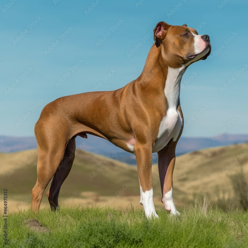 American Staffordshire terrier standing on a green meadow in summer. Profile portrait of a Staffordshire Terrier dog sitting on the grass with a summer landscape in the background. AI generated.