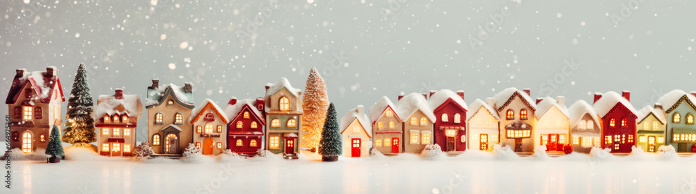 Toy houses in winter Christmas scenery with snow and lights