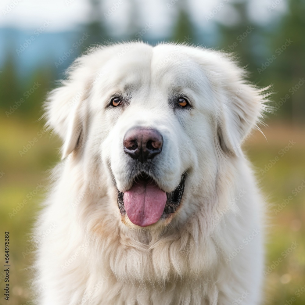 Great Pyrenees dog portrait on a sunny summer day. Closeup portrait of a purebred Great Pyrenees dog in the field. Outdoor Portrait of a beautiful dog in summer field. AI generated. Great Pyrenees dog portrait on a sunny summer day. Closeup portrait of a purebred Great Pyrenees dog in the field. Outdoor Portrait of a beautiful dog in summer field. AI generated.