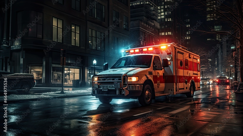 An ambulance driving through the city at night. An ambulance driving through the city at night.