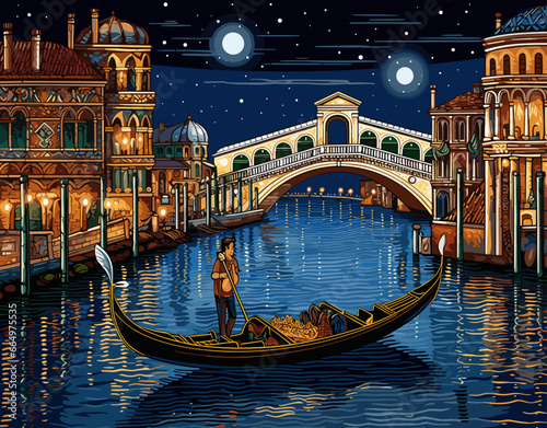 Venice night scene with gondolier