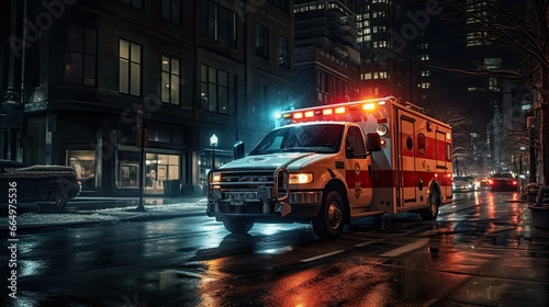 An ambulance driving through the city at night. © LeitnerR