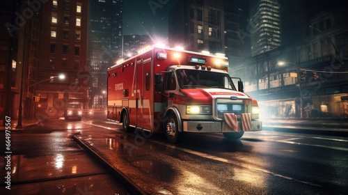 An ambulance driving through the city at night.