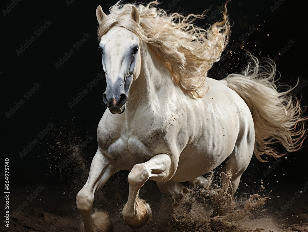 Fototapeta premium Strong White Horse Galloping with Water Splashes on Black Background