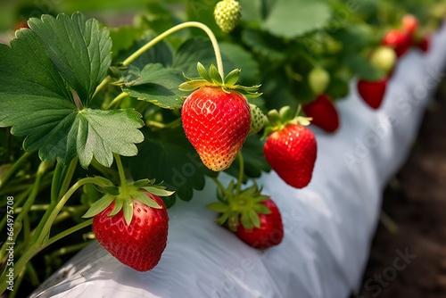 Bush of ripe organic strawberries in the garden. Berry closeup.