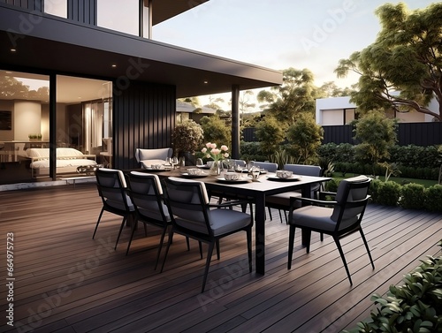 Modern terrace with large dining table and wooden floor in front of house generative ai © tanjidvect