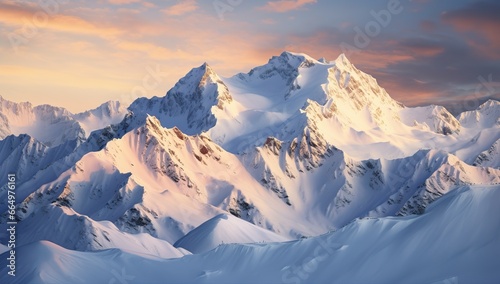 Snow-covered mountain peaks illuminated by the pink rays of the setting sun.