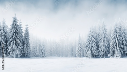 Snow-covered forest under a heavy winter sky. © volga
