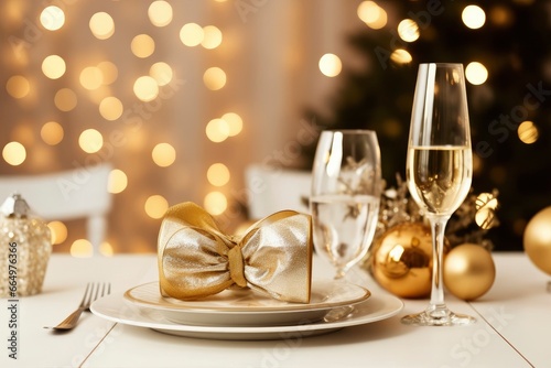 Christmas table setting with holiday decorations in gold color.