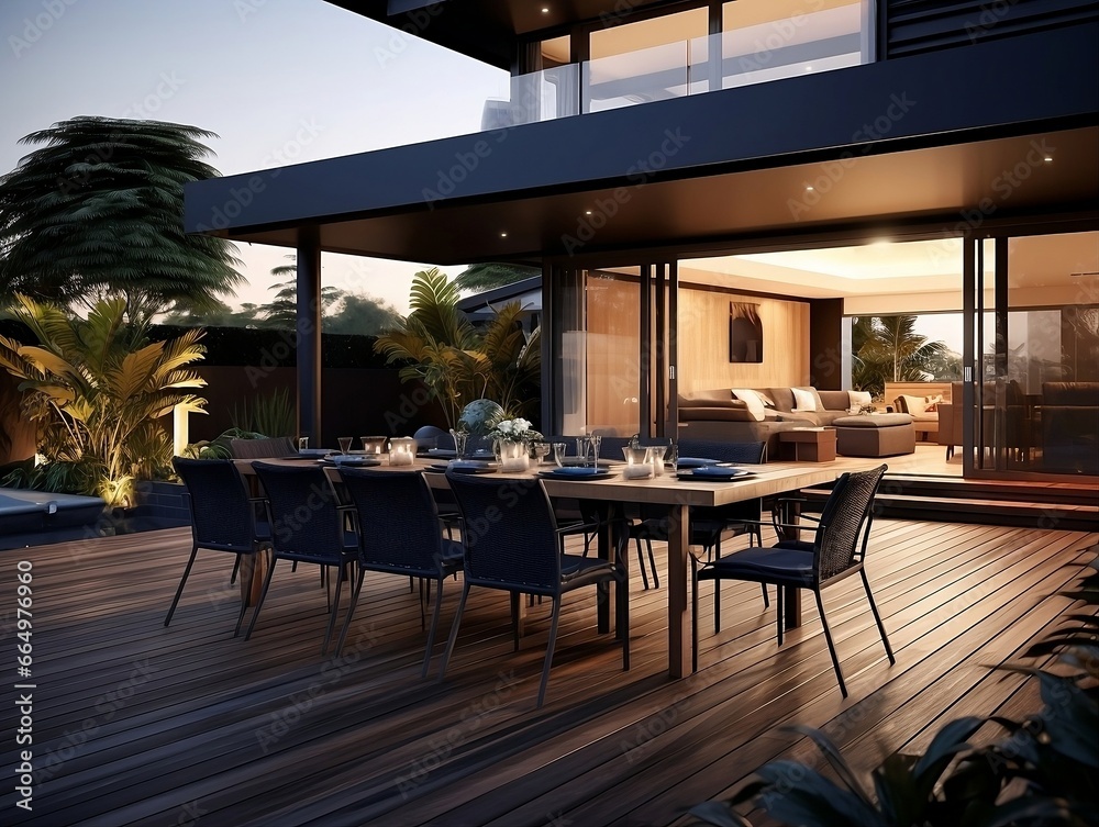 Modern terrace with large dining table and wooden floor in front of house generative ai