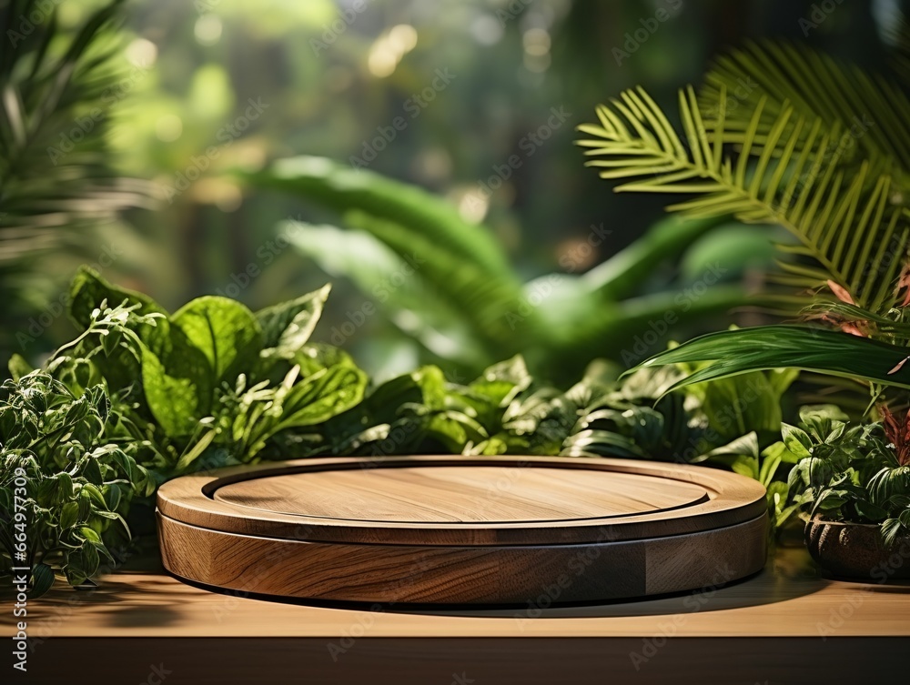 Wooden Product Display Podium with Nature Background. Natural Product Placement Pedestal Stand Wooden Product Display Podium with Nature Background. Natural Product Placement Pedestal Stand