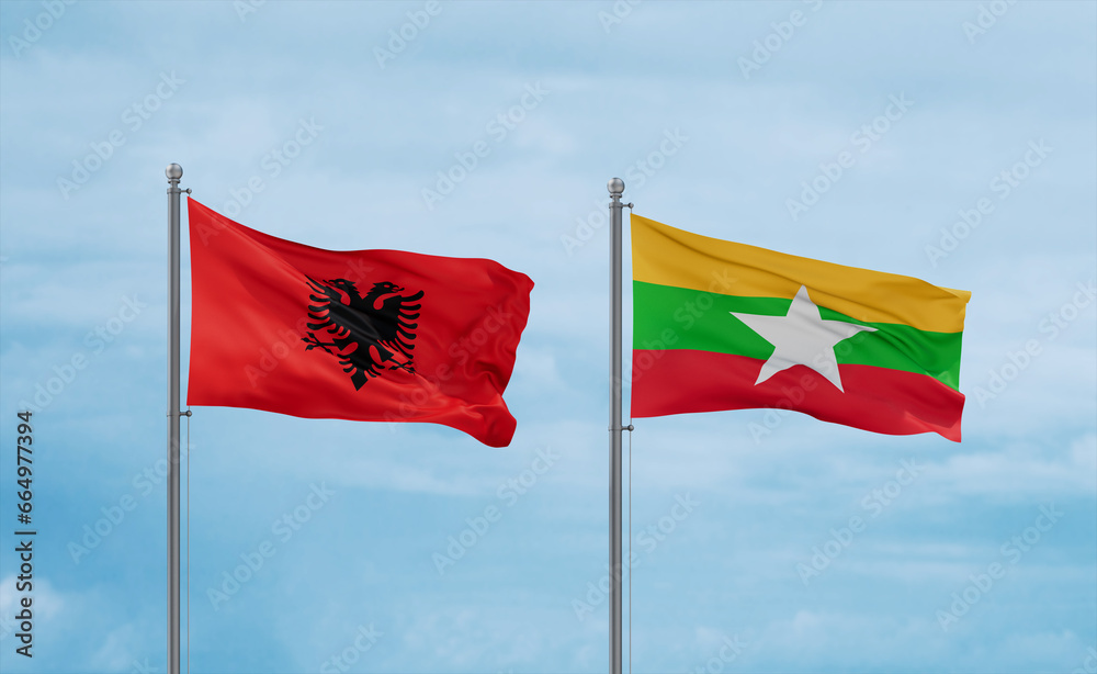 Myanmar Faso and Albania flags, country relationship concept Myanmar Faso and Albania flags, country relationship concept
