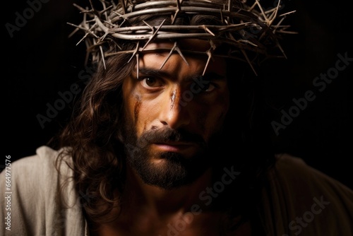 Photorealist image of Jesus Christ with a crown of thorns