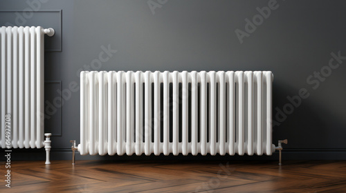 white heating radiator hanging on the wall in the living room, close-up