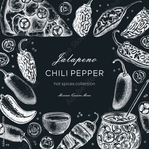 Mexican cuisine menu design. Ripe jalapeno chili pepper sketches. Hot spices frame on chalkboard. Vegetarian, healthy food hand drawn vector illustration. Jalapeno with slices and seeds for packaging