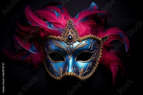 A vibrant masquerade mask adorned with beautiful feathers against a dark backdrop. Generative AI © Arcadia