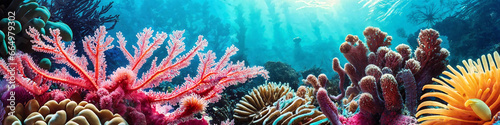 Horizontal banner with ocean reef with colorful tropical corals and sunlight streaming through the sea water. Underwater world beauty illustration. Generative AI