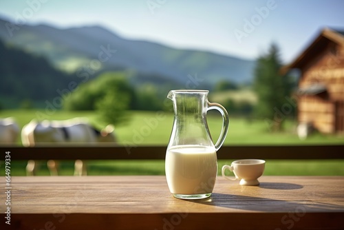 Glass pitcher with fresh milk on a wooden table. photo