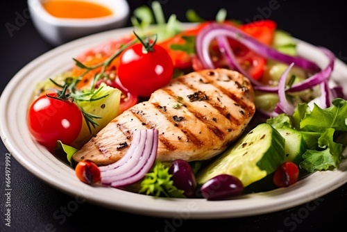 Grilled chicken breast with tomatoes, red pepper, organic green and kalamata olives. © MdMohammod