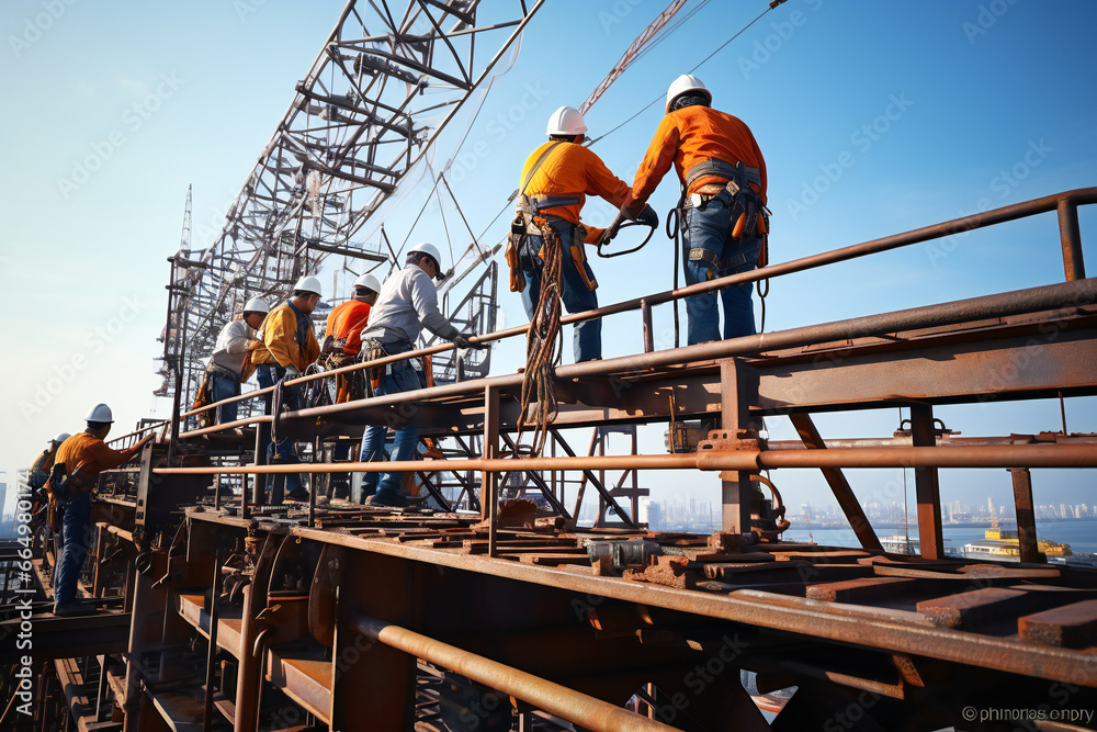 Fototapeta premium Construction workers and technicians working on a platform