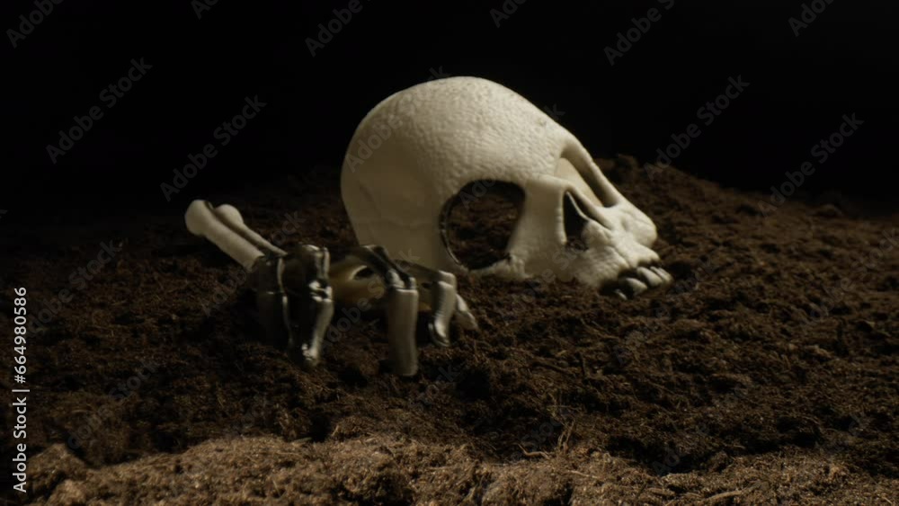 Scary skelton arm moving on the ground near a dead skull