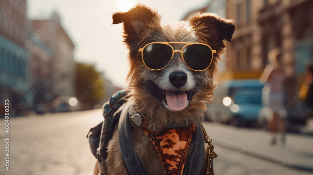 A happy dog wearing cool sunglasses and carrying a backpack on the street A happy dog wearing cool sunglasses and carrying a backpack on the street