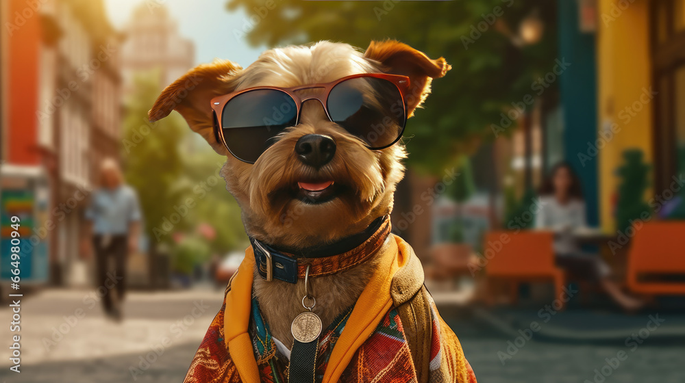 A happy dog wearing cool sunglasses and carrying a backpack on the street A happy dog wearing cool sunglasses and carrying a backpack on the street