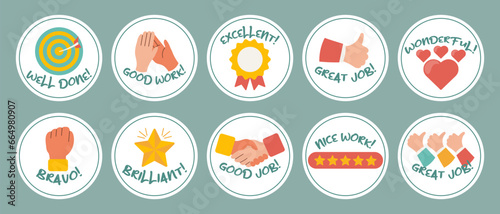 Collection of motivational stickers for great work. Stickers, badges, badges. Flat style, vector