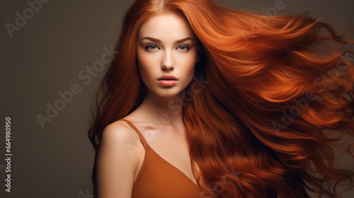 Beauty redhead girl with long and shiny wavy red hair . Beautiful woman model with curly hairstyle .