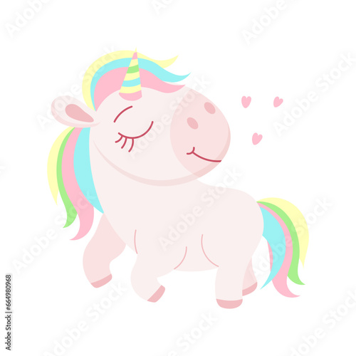 Cute unicorn with rainbow mane and rainbow tail. Children's magic illustration, postcard, vector