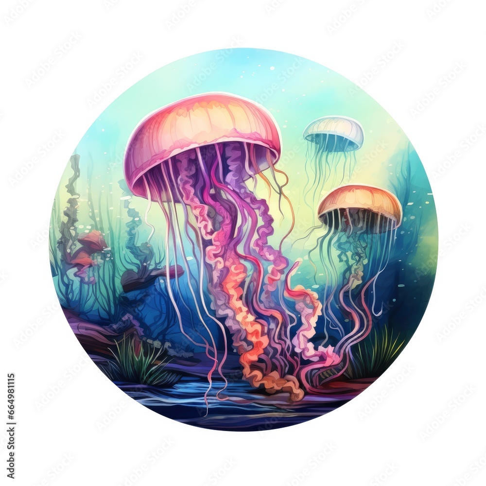Jellyfish in an underwater landscape in a circle.
