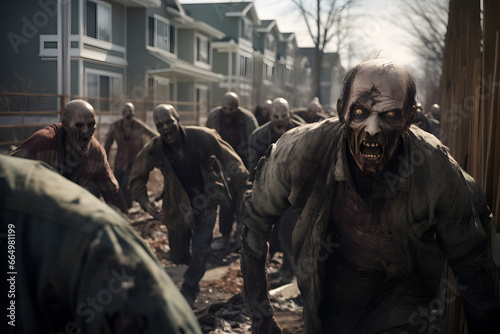 zombie horde running at suburban street at winter day. Neural network generated image. Not based on any actual person or scene.
