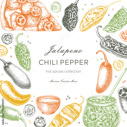 Mexican cuisine menu restaurant frame design. Ripe jalapeno chili pepper sketches. Hot spices, vegetarian, healthy food hand drawn vector illustration. Jalapeno slices, seeds, chipotle  for packaging