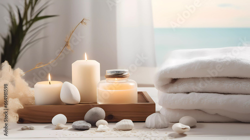 Spa accessory composition set in day spa hotel, beauty wellness centre. Spa product are placed in luxury spa resort room, ready for massage therapy from professional services