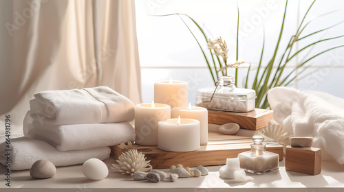 Spa accessory composition set in day spa hotel, beauty wellness centre. Spa product are placed in luxury spa resort room, ready for massage therapy from professional services