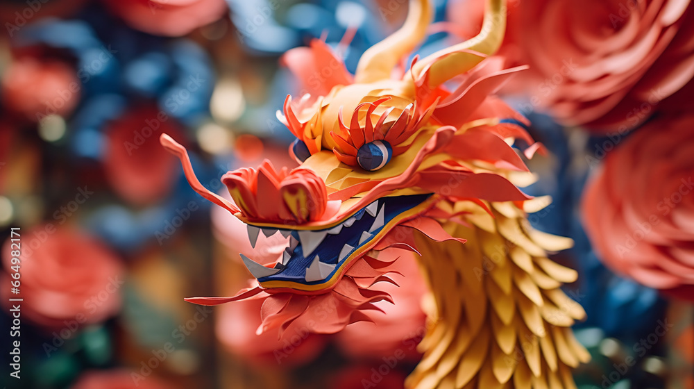 Chinese New Year, year of dragon concept, paper craft golden dragon creative modern style Chinese new year background.
