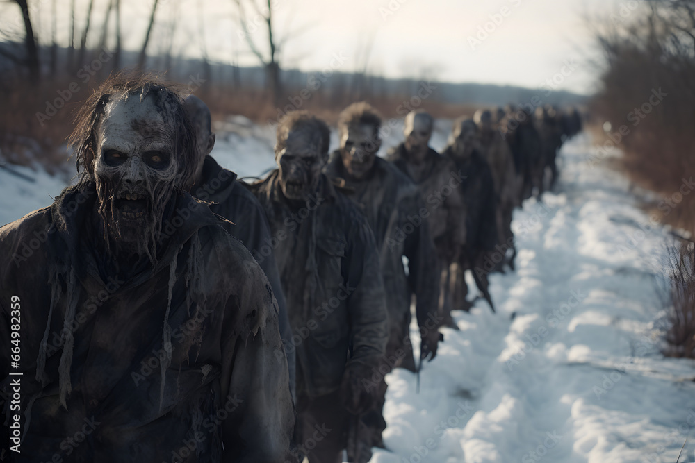 group of zombie walking in a line at cold winter day on a wild uncultivated snow covered field. Not based on any actual person, scene or pattern.