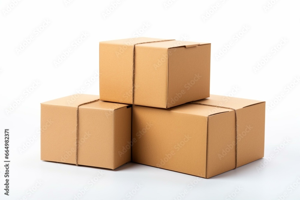 Boxes with fragile tags on white background, space available. Generative AI