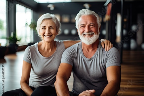Happy elderly couple in the gym. Health care, fitness and body care concept.