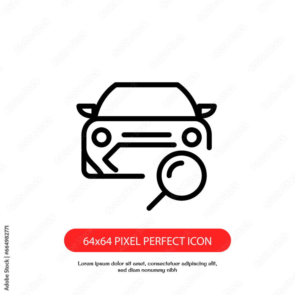 car search outline icon pixel perfect. Looking for car selling icon, magnifying glass search car, vector logo illustration