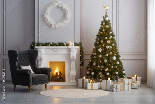 Modern Living Room With Fireplace, Christmas Tree, Gift Boxes And Armchair. © MdMohammod