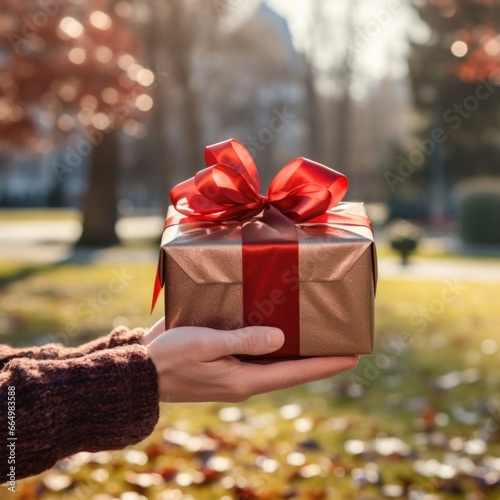 A square gold gift box with a red ribbon is being held by hands in a park setting. The background consists of trees and a building in the distance with a dreamy quality with diffused lighting