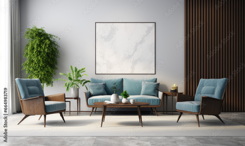 Interior design of modern living room with armchairs 3d rendering.