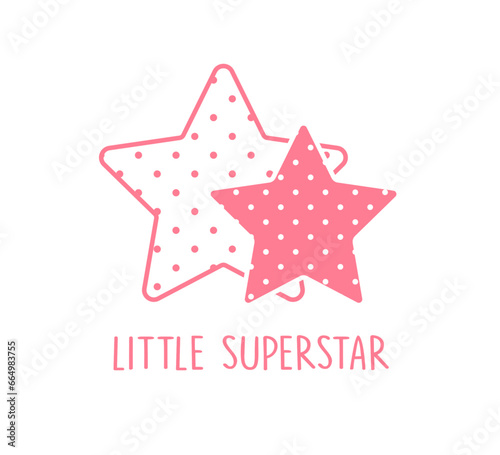 Little superstar slogan and cute stars with pink polka dot pattern, vector for shirt, fashion, poster, card, sticker designs