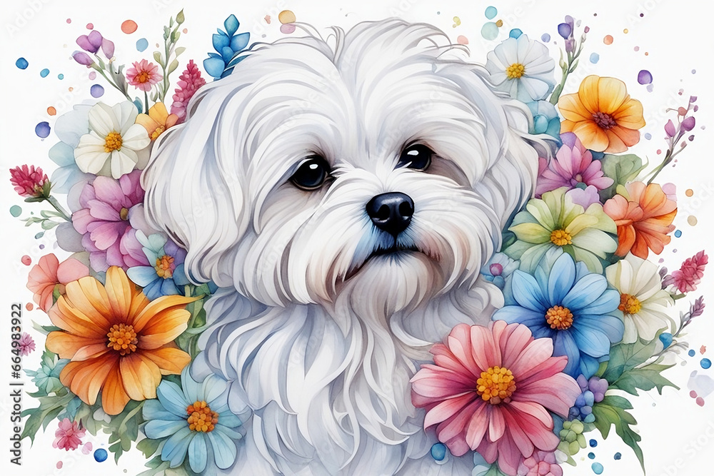 a dog with flowers, Generative AI