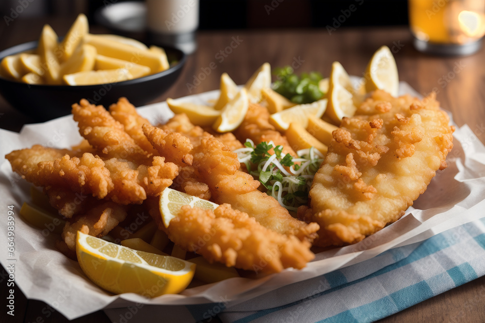 A plate of fish and chips with a bottle of ketchup in the background. Generative AI A plate of fish and chips with a bottle of ketchup in the background. Generative AI