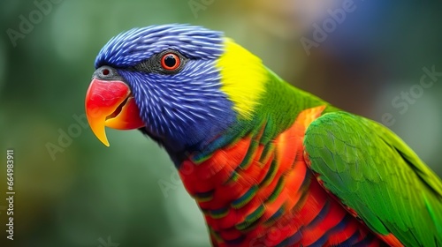 Side view Closeup of beautiful and colorful Lorikeet Green naped bird.